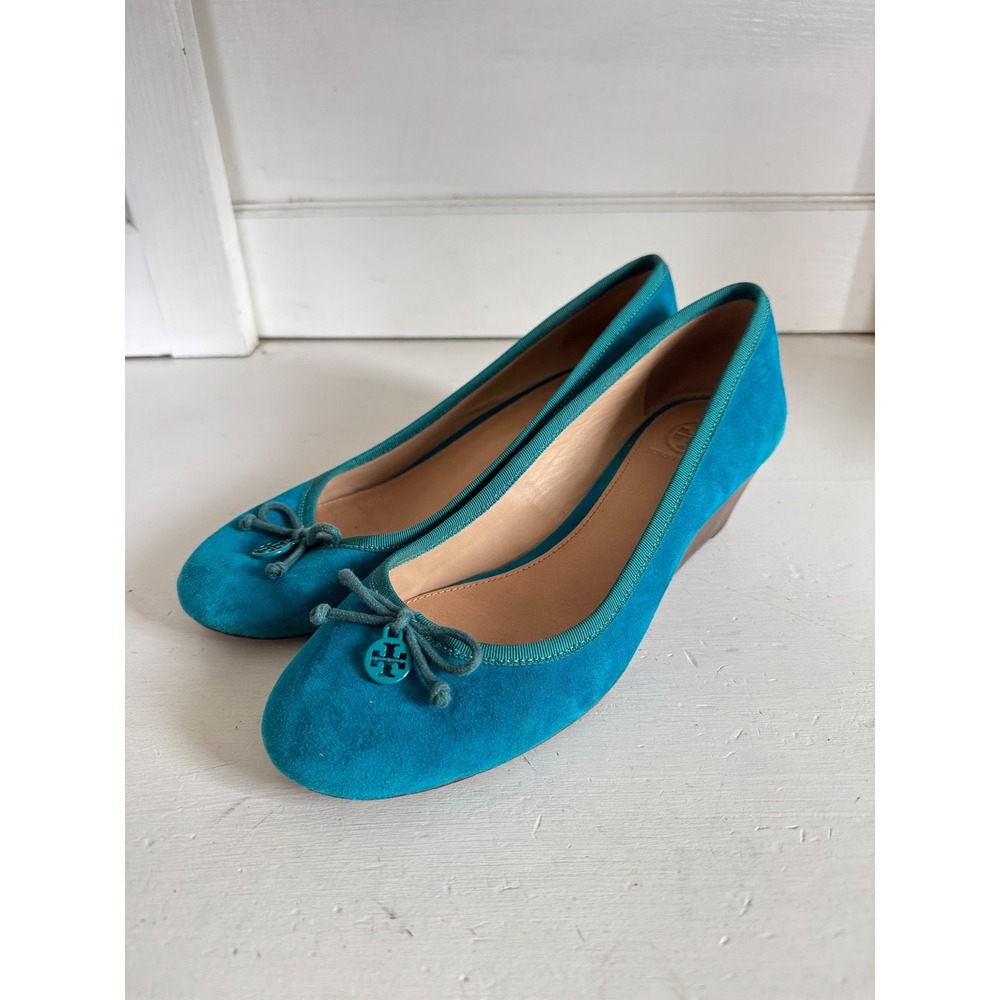 Tory Burch‎ Chelsea teal blue suede wedges size 8